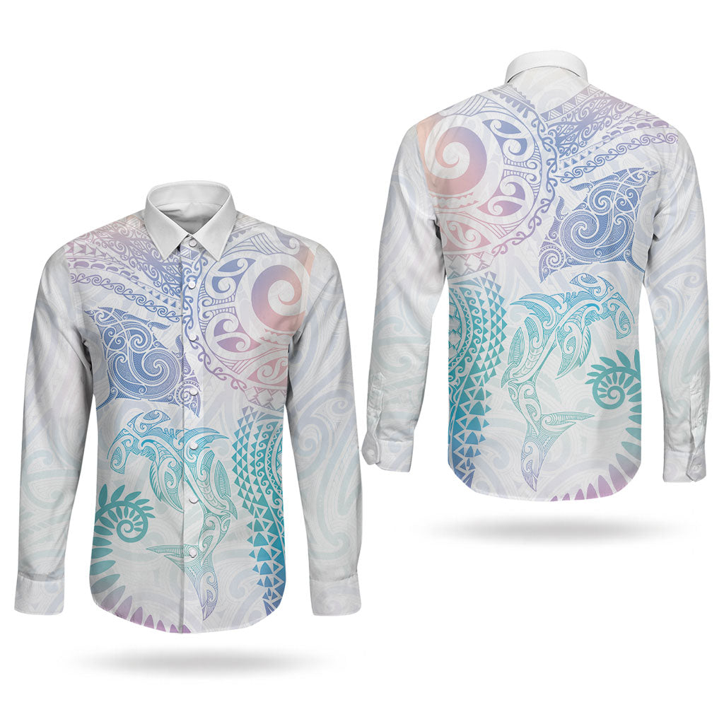 Aotearoa Maori Sea Animals Tribal Couples Matching Off Shoulder Maxi Dress and Long Sleeve Button Shirt Manta Ray and Shark Moko Pattern Sweet Pastel LT03 - Polynesian Pride