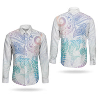 Aotearoa Maori Sea Animals Tribal Couples Matching Off Shoulder Maxi Dress and Long Sleeve Button Shirt Manta Ray and Shark Moko Pattern Sweet Pastel LT03 - Polynesian Pride