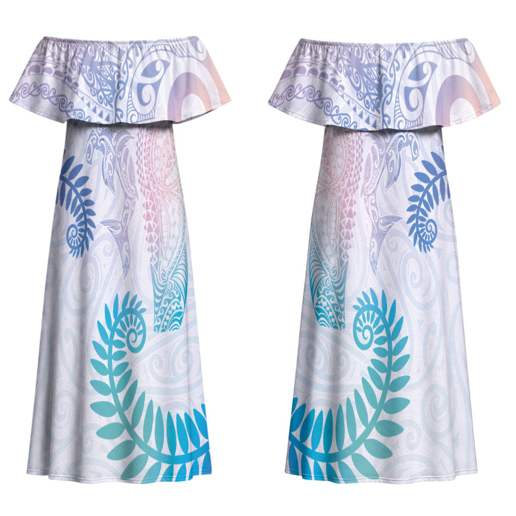 Aotearoa Maori Sea Animals Tribal Couples Matching Off Shoulder Maxi Dress and Long Sleeve Button Shirt Manta Ray and Shark Moko Pattern Sweet Pastel LT03 - Polynesian Pride