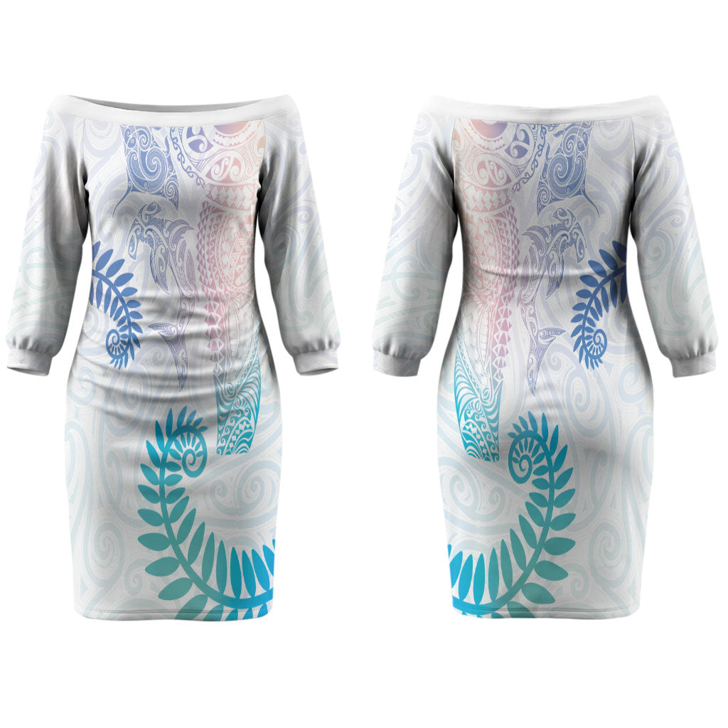 Aotearoa Maori Sea Animals Tribal Couples Matching Off The Shoulder Long Sleeve Dress and Hawaiian Shirt Manta Ray and Shark Moko Pattern Sweet Pastel LT03 - Polynesian Pride