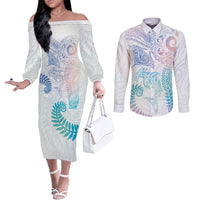 Aotearoa Maori Sea Animals Tribal Couples Matching Off The Shoulder Long Sleeve Dress and Long Sleeve Button Shirt Manta Ray and Shark Moko Pattern Sweet Pastel