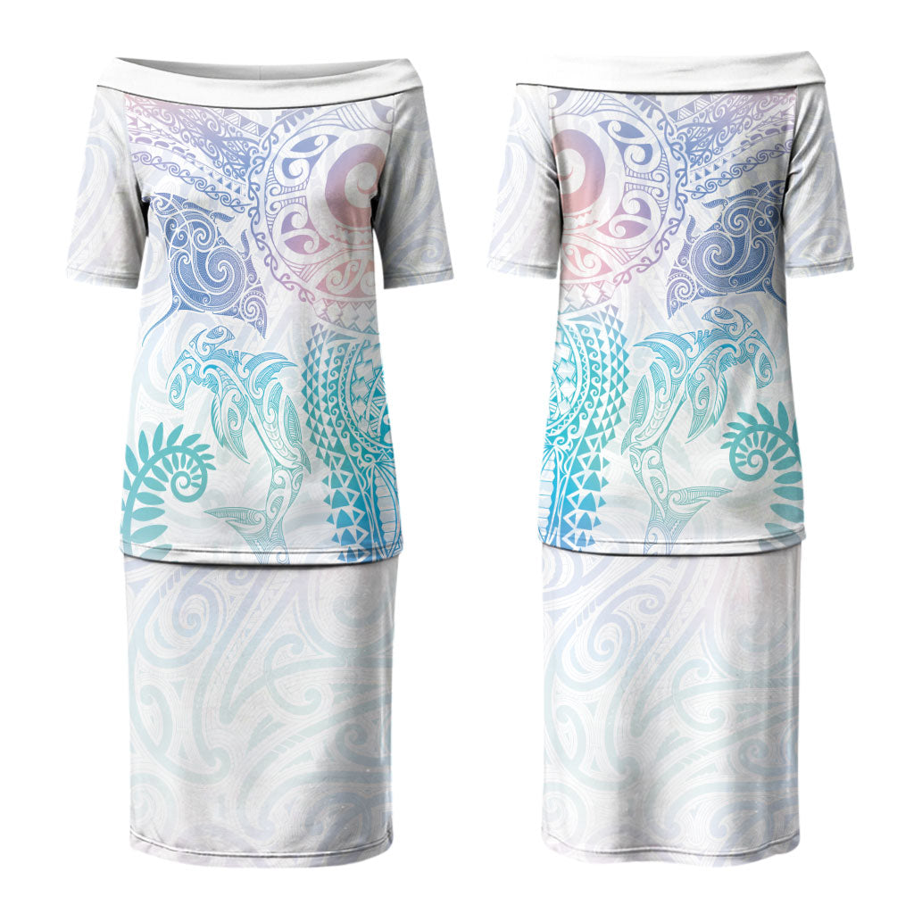 Aotearoa Maori Sea Animals Tribal Couples Matching Puletasi and Hawaiian Shirt Manta Ray and Shark Moko Pattern Sweet Pastel LT03 - Polynesian Pride