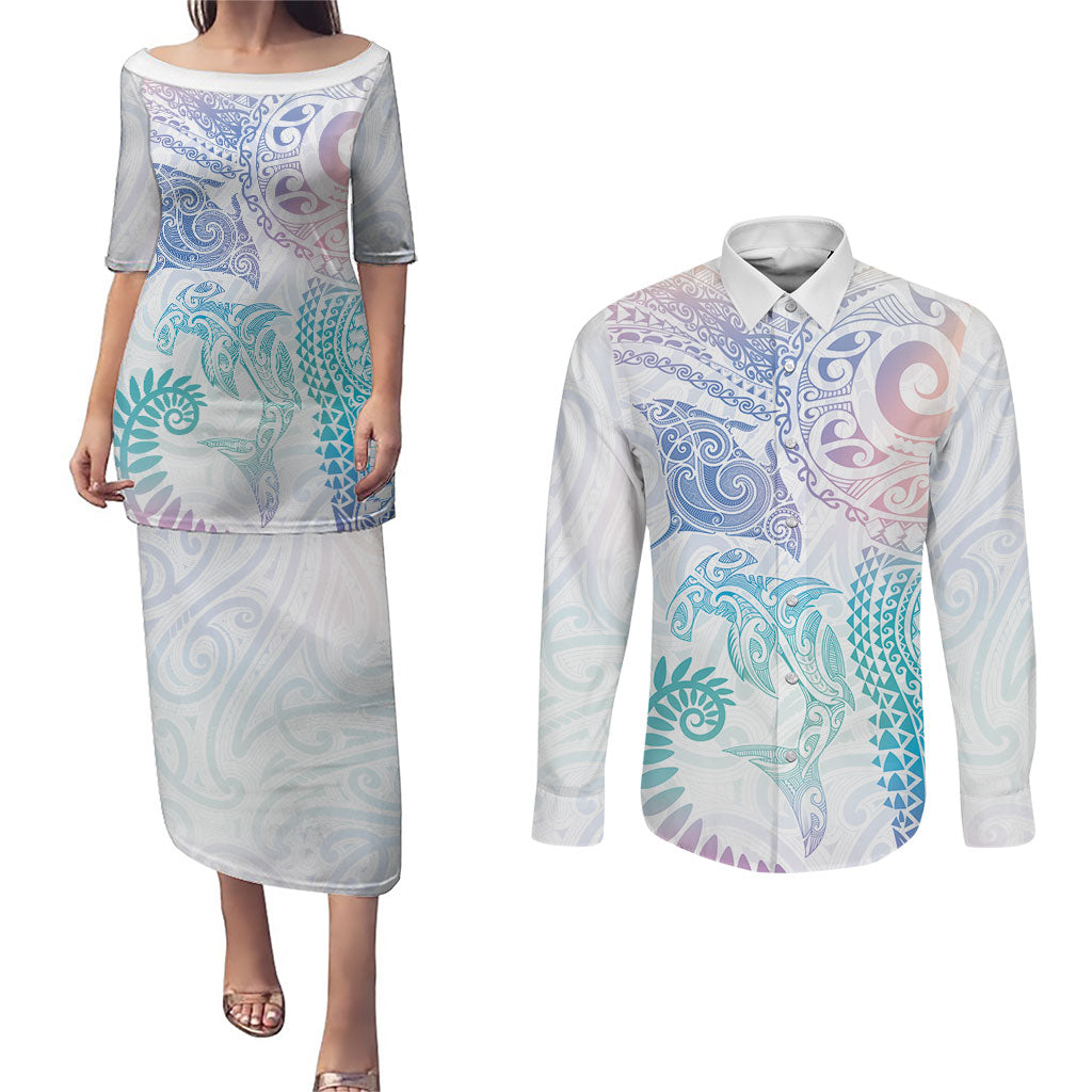 Aotearoa Maori Sea Animals Tribal Couples Matching Puletasi and Long Sleeve Button Shirt Manta Ray and Shark Moko Pattern Sweet Pastel