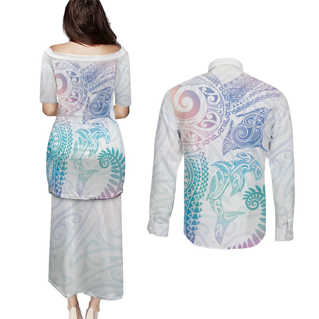 Aotearoa Maori Sea Animals Tribal Couples Matching Puletasi and Long Sleeve Button Shirt Manta Ray and Shark Moko Pattern Sweet Pastel