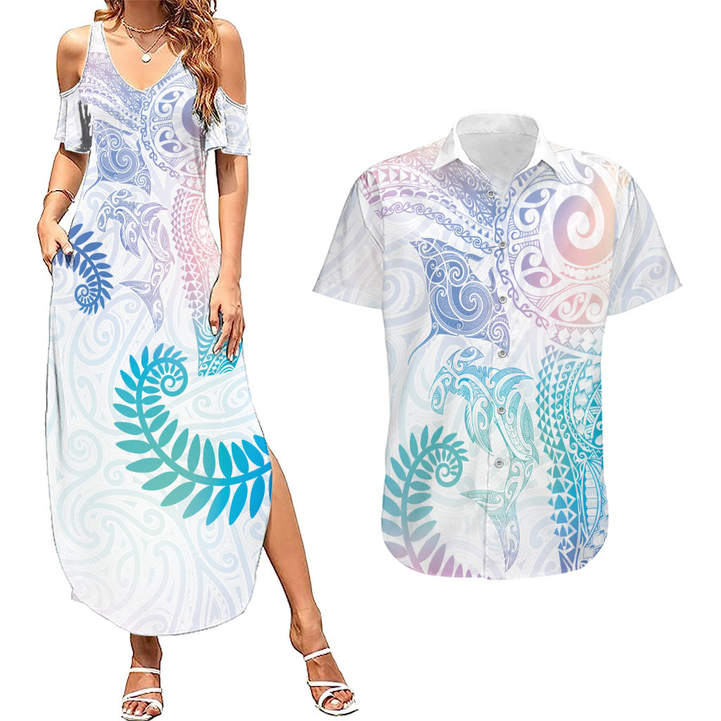 Aotearoa Maori Sea Animals Tribal Couples Matching Summer Maxi Dress and Hawaiian Shirt Manta Ray and Shark Moko Pattern Sweet Pastel
