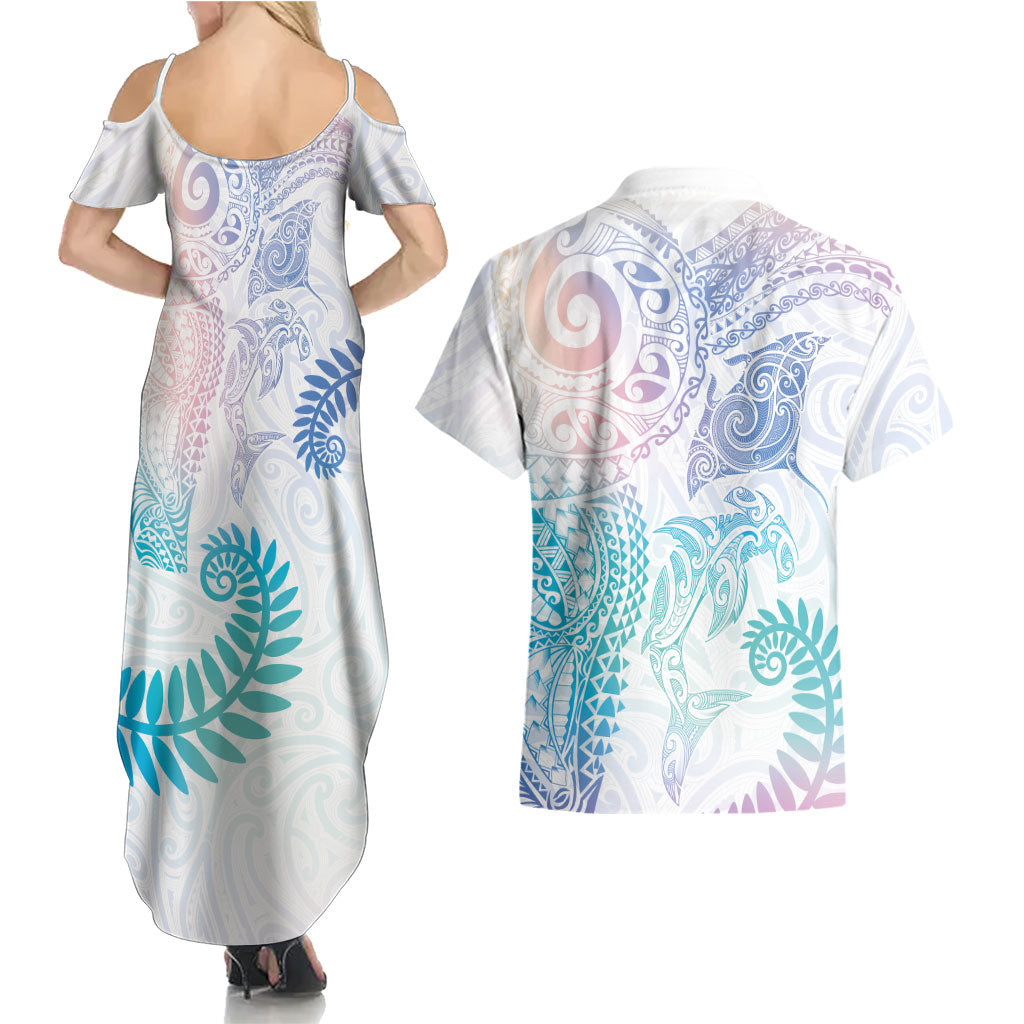 Aotearoa Maori Sea Animals Tribal Couples Matching Summer Maxi Dress and Hawaiian Shirt Manta Ray and Shark Moko Pattern Sweet Pastel