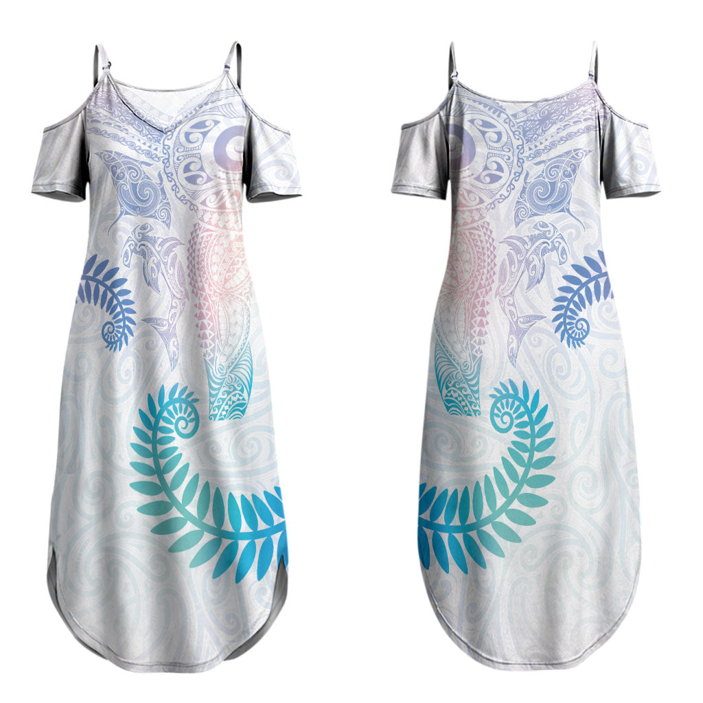 Aotearoa Maori Sea Animals Tribal Couples Matching Summer Maxi Dress and Long Sleeve Button Shirt Manta Ray and Shark Moko Pattern Sweet Pastel LT03 - Polynesian Pride