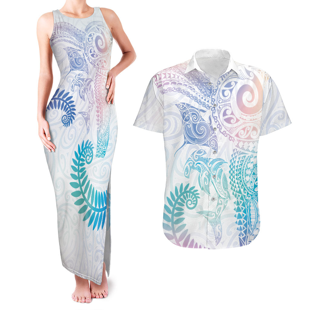 Aotearoa Maori Sea Animals Tribal Couples Matching Tank Maxi Dress and Hawaiian Shirt Manta Ray and Shark Moko Pattern Sweet Pastel