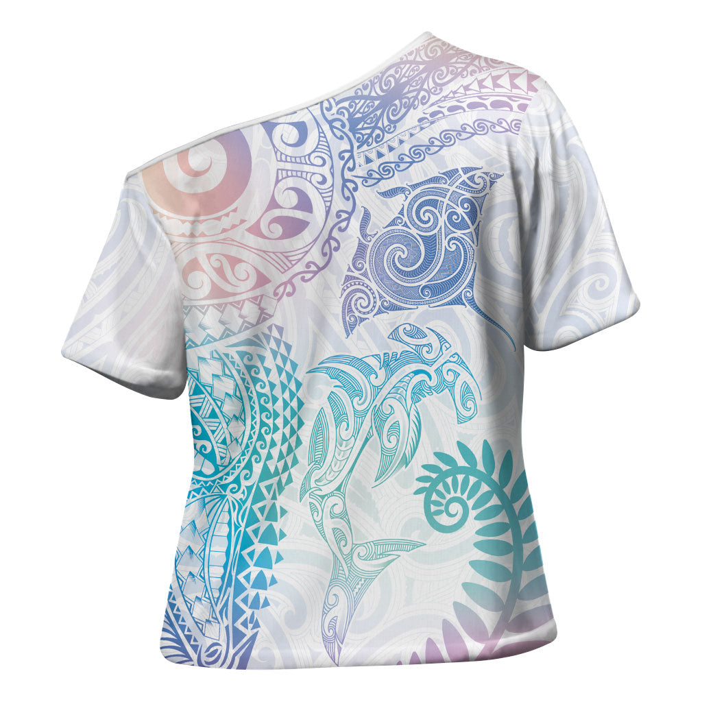 Aotearoa Maori Sea Animals Tribal Cross Shoulder Shirt Manta Ray and Shark Moko Pattern Sweet Pastel