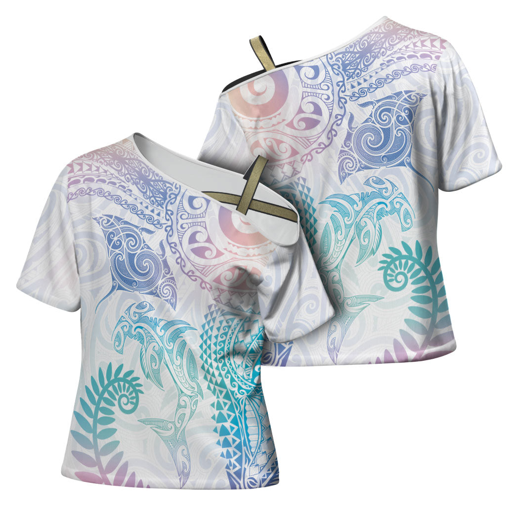 Aotearoa Maori Sea Animals Tribal Cross Shoulder Shirt Manta Ray and Shark Moko Pattern Sweet Pastel