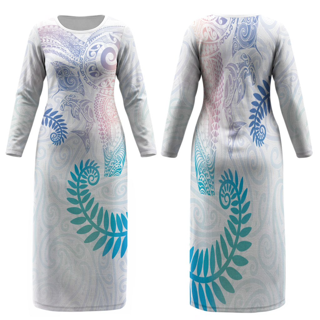 Aotearoa Maori Sea Animals Tribal Family Matching Long Sleeve Bodycon Dress and Hawaiian Shirt Manta Ray and Shark Moko Pattern Sweet Pastel LT03 Mom's Dress Multicolor - Polynesian Pride