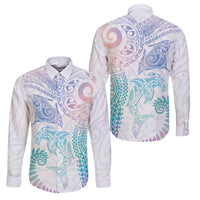 Aotearoa Maori Sea Animals Tribal Family Matching Long Sleeve Bodycon Dress and Hawaiian Shirt Manta Ray and Shark Moko Pattern Sweet Pastel LT03 Dad's Shirt - Long Sleeve Multicolor - Polynesian Pride