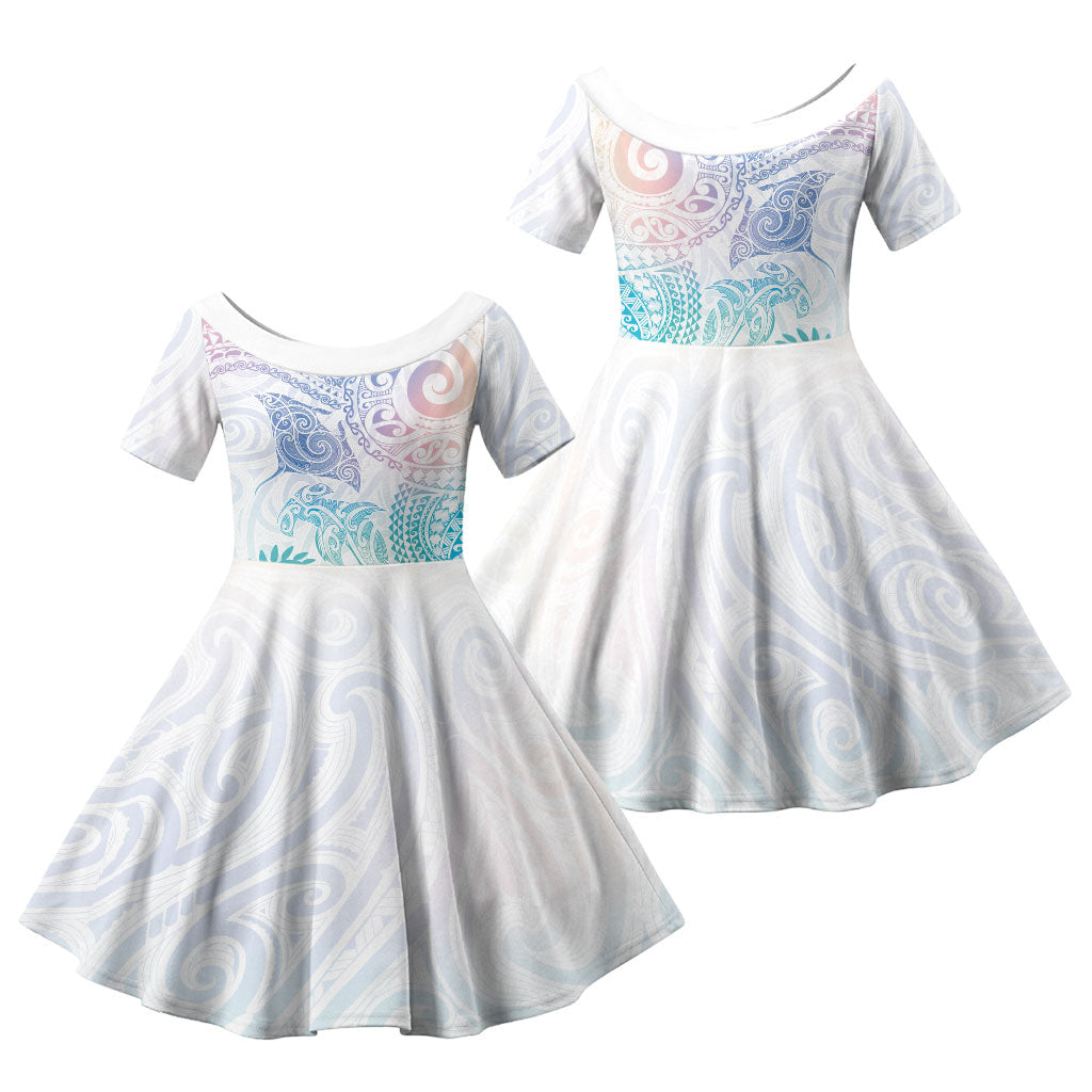 Aotearoa Maori Sea Animals Tribal Family Matching Long Sleeve Bodycon Dress and Hawaiian Shirt Manta Ray and Shark Moko Pattern Sweet Pastel LT03 Daughter's Dress Multicolor - Polynesian Pride