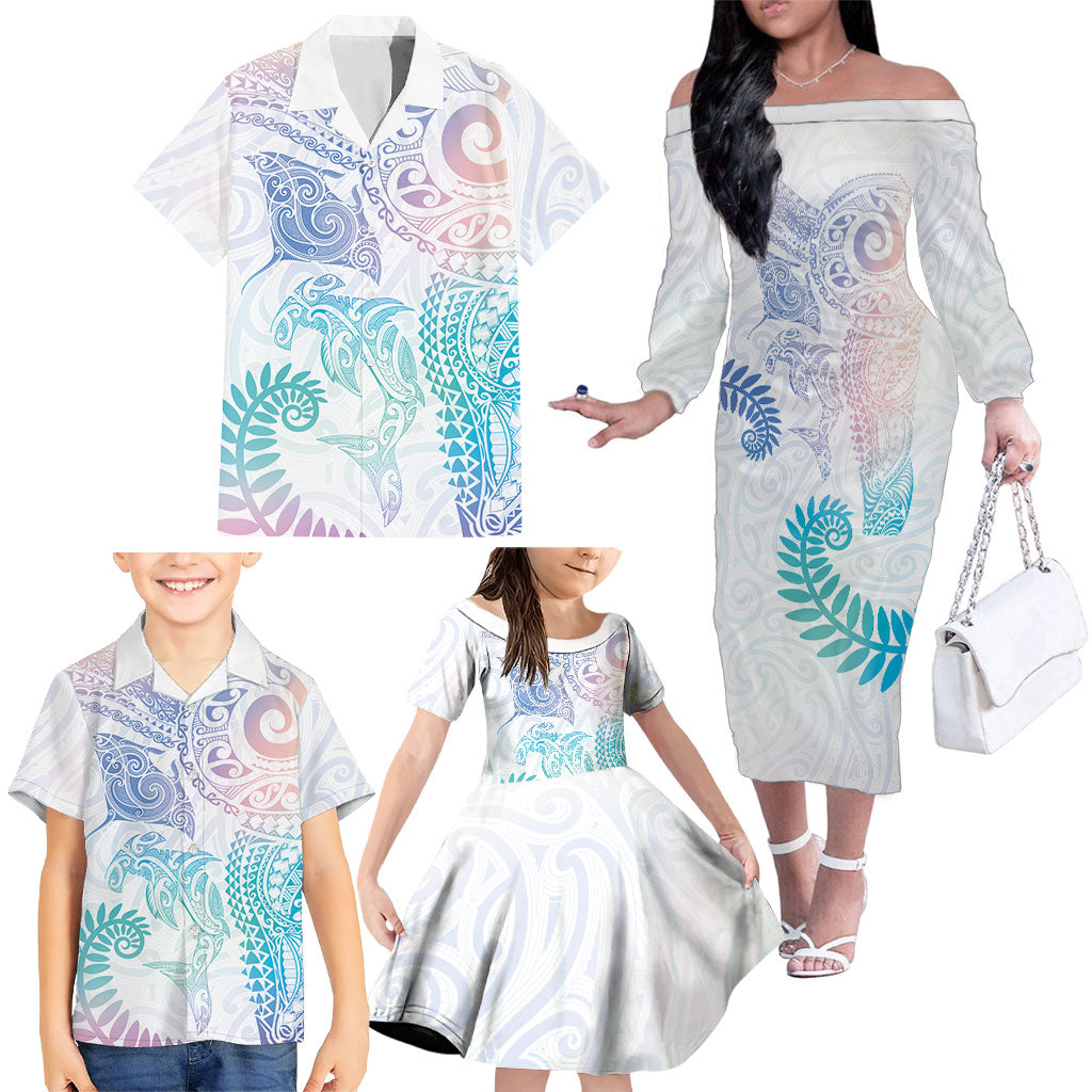 Aotearoa Maori Sea Animals Tribal Family Matching Off The Shoulder Long Sleeve Dress and Hawaiian Shirt Manta Ray and Shark Moko Pattern Sweet Pastel