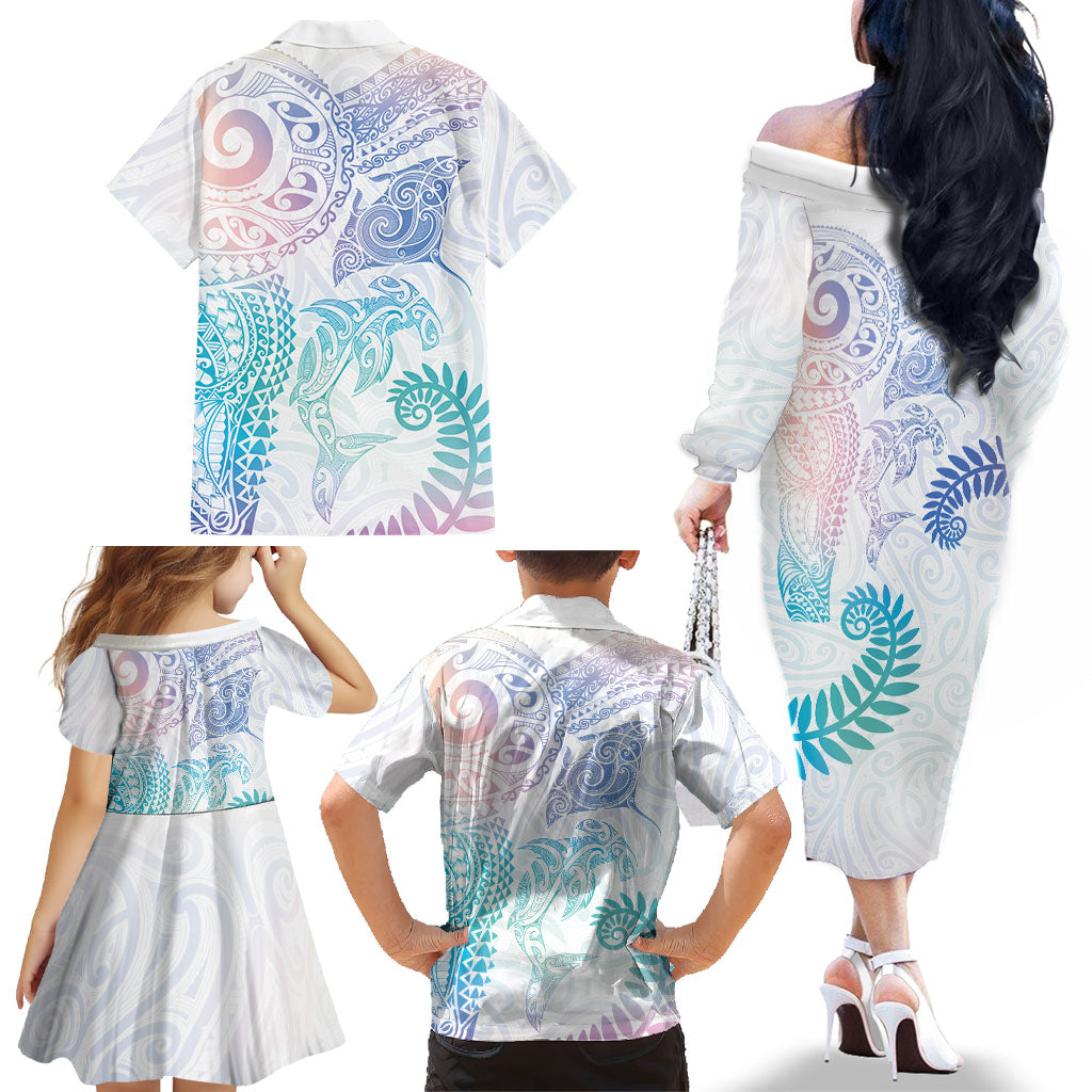 Aotearoa Maori Sea Animals Tribal Family Matching Off The Shoulder Long Sleeve Dress and Hawaiian Shirt Manta Ray and Shark Moko Pattern Sweet Pastel