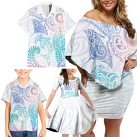Aotearoa Maori Sea Animals Tribal Family Matching Off Shoulder Short Dress and Hawaiian Shirt Manta Ray and Shark Moko Pattern Sweet Pastel