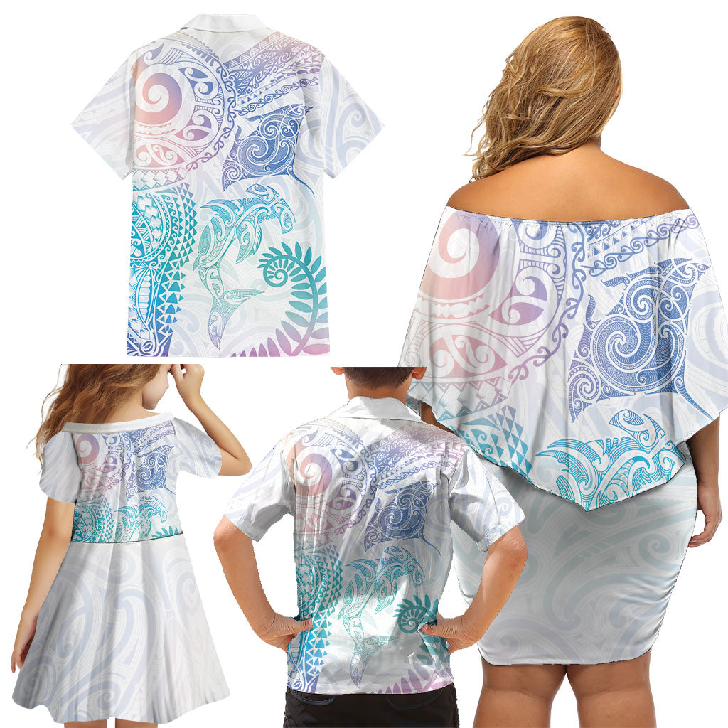 Aotearoa Maori Sea Animals Tribal Family Matching Off Shoulder Short Dress and Hawaiian Shirt Manta Ray and Shark Moko Pattern Sweet Pastel