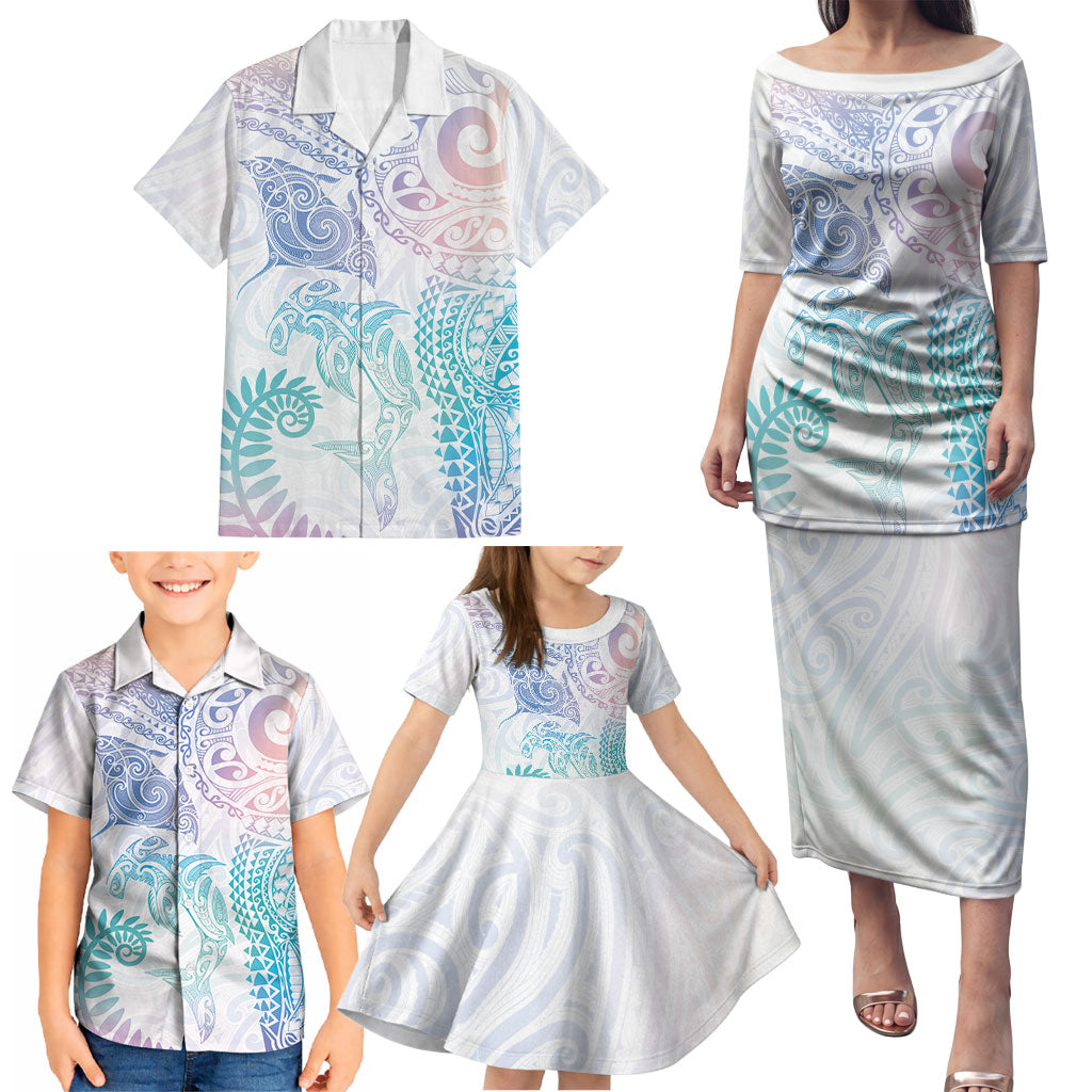 Aotearoa Maori Sea Animals Tribal Family Matching Puletasi and Hawaiian Shirt Manta Ray and Shark Moko Pattern Sweet Pastel LT03 - Polynesian Pride