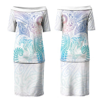 Aotearoa Maori Sea Animals Tribal Family Matching Puletasi and Hawaiian Shirt Manta Ray and Shark Moko Pattern Sweet Pastel LT03 Mom's Dress Multicolor - Polynesian Pride