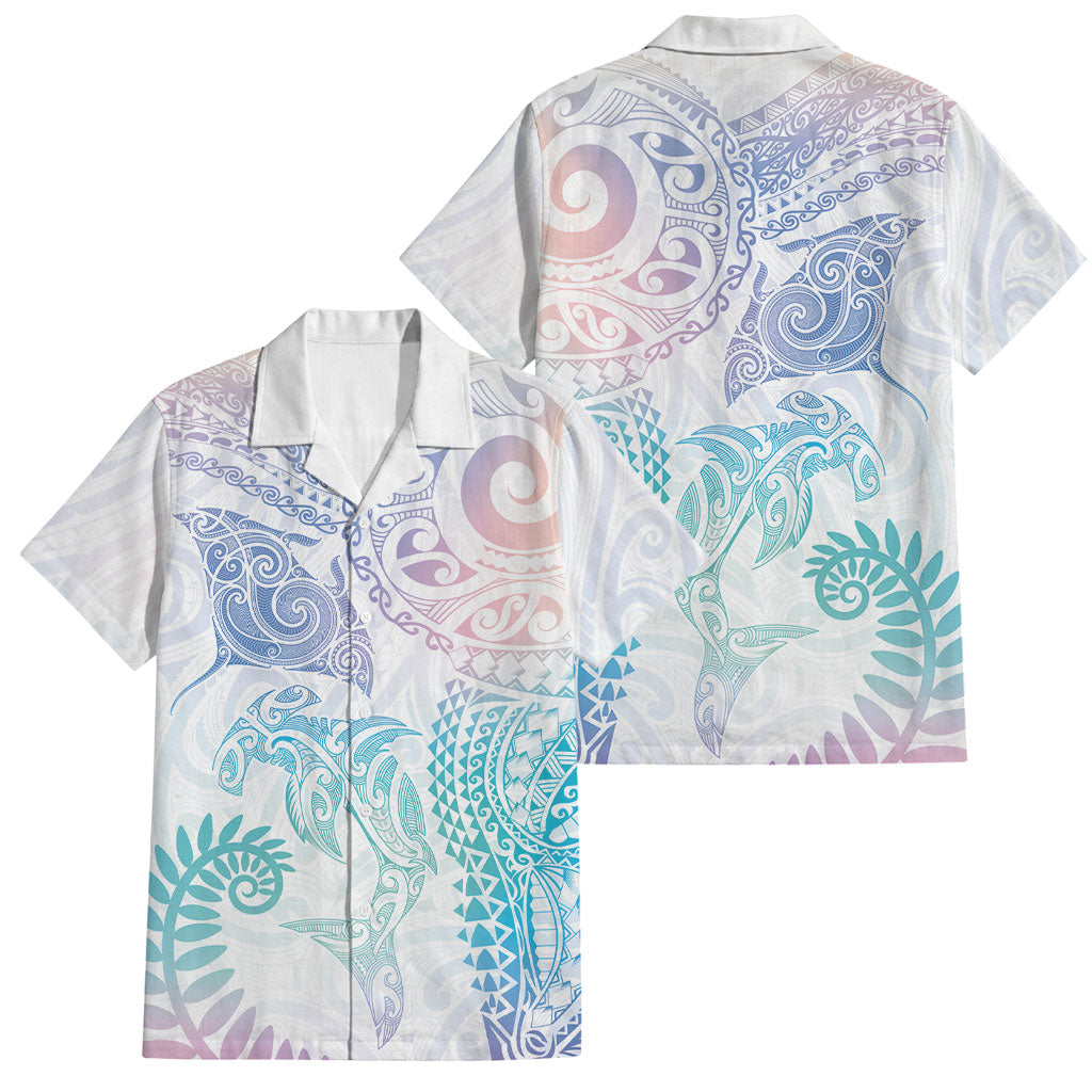 Aotearoa Maori Sea Animals Tribal Family Matching Puletasi and Hawaiian Shirt Manta Ray and Shark Moko Pattern Sweet Pastel LT03 Dad's Shirt - Short Sleeve Multicolor - Polynesian Pride