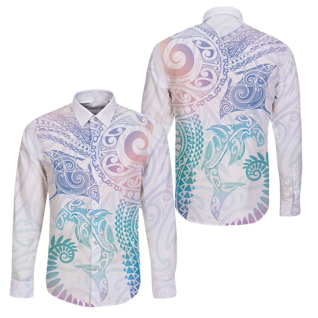 Aotearoa Maori Sea Animals Tribal Family Matching Puletasi and Hawaiian Shirt Manta Ray and Shark Moko Pattern Sweet Pastel LT03 Dad's Shirt - Long Sleeve Multicolor - Polynesian Pride