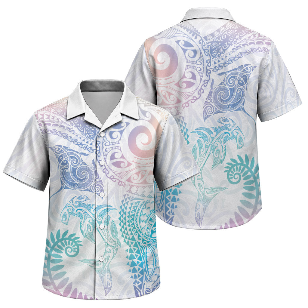 Aotearoa Maori Sea Animals Tribal Family Matching Puletasi and Hawaiian Shirt Manta Ray and Shark Moko Pattern Sweet Pastel LT03 Son's Shirt Multicolor - Polynesian Pride