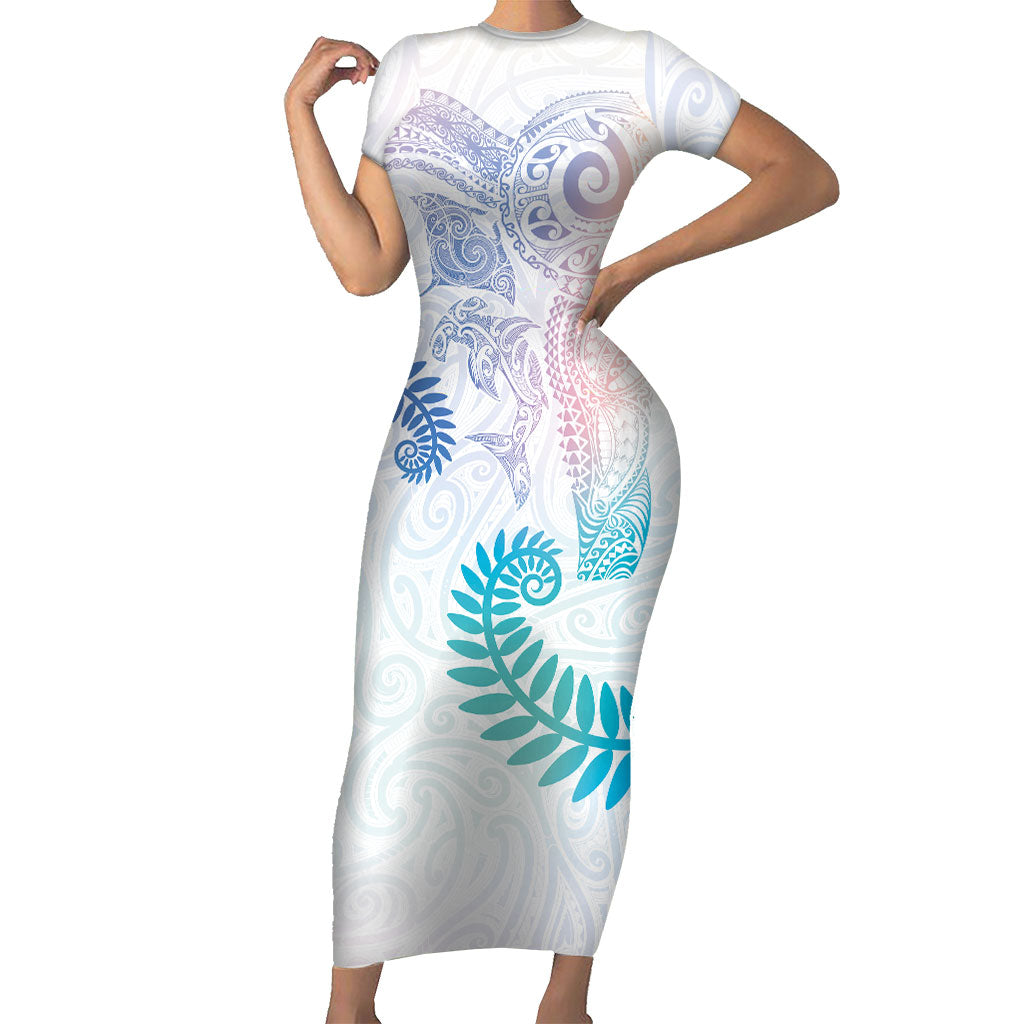 Aotearoa Maori Sea Animals Tribal Family Matching Short Sleeve Bodycon Dress and Hawaiian Shirt Manta Ray and Shark Moko Pattern Sweet Pastel