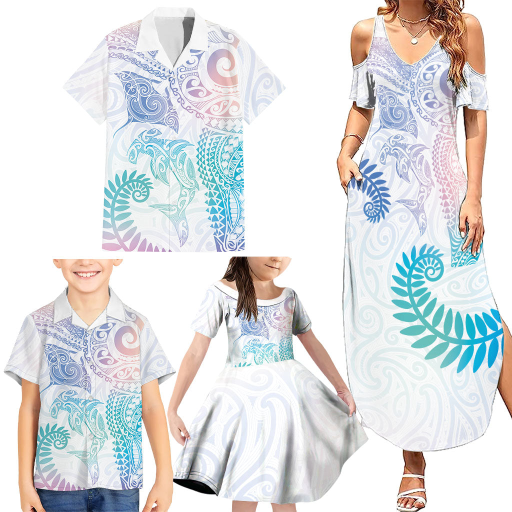Aotearoa Maori Sea Animals Tribal Family Matching Summer Maxi Dress and Hawaiian Shirt Manta Ray and Shark Moko Pattern Sweet Pastel