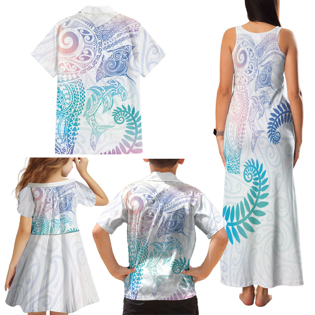 Aotearoa Maori Sea Animals Tribal Family Matching Tank Maxi Dress and Hawaiian Shirt Manta Ray and Shark Moko Pattern Sweet Pastel