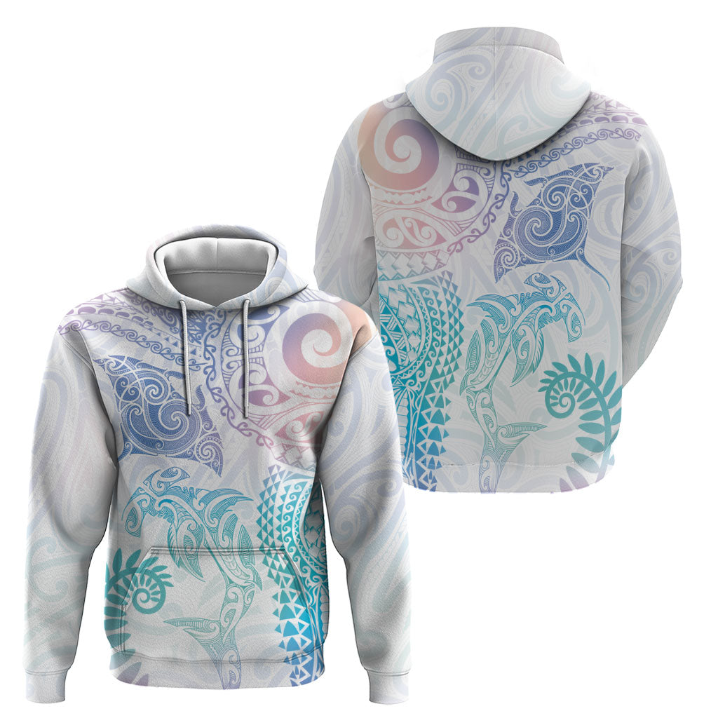 Aotearoa Maori Sea Animals Tribal Hoodie Manta Ray and Shark Moko Pattern Sweet Pastel