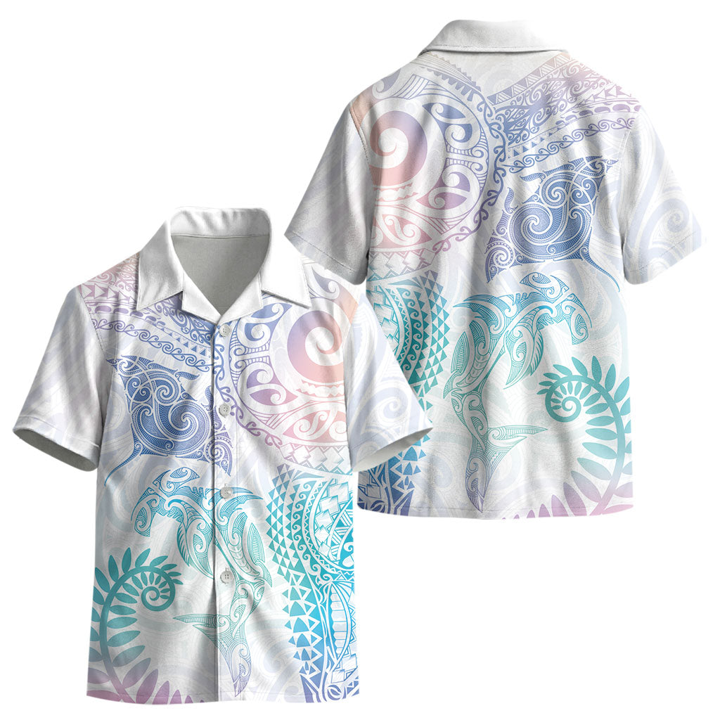 Aotearoa Maori Sea Animals Tribal Kid Hawaiian Shirt Manta Ray and Shark Moko Pattern Sweet Pastel LT03 - Polynesian Pride