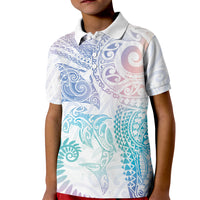 Aotearoa Maori Sea Animals Tribal Kid Polo Shirt Manta Ray and Shark Moko Pattern Sweet Pastel