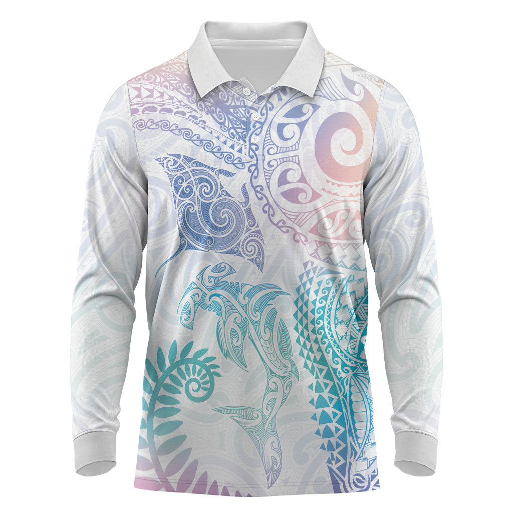 Aotearoa Maori Sea Animals Tribal Long Sleeve Polo Shirt Manta Ray and Shark Moko Pattern Sweet Pastel