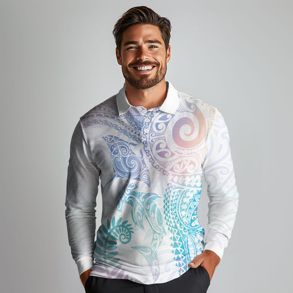 Aotearoa Maori Sea Animals Tribal Long Sleeve Polo Shirt Manta Ray and Shark Moko Pattern Sweet Pastel