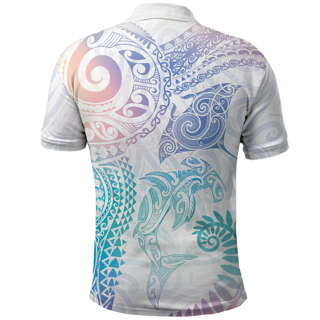 Aotearoa Maori Sea Animals Tribal Polo Shirt Manta Ray and Shark Moko Pattern Sweet Pastel