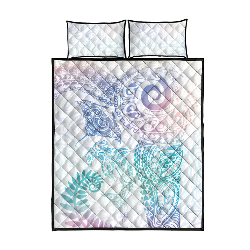 Aotearoa Maori Sea Animals Tribal Quilt Bed Set Manta Ray and Shark Moko Pattern Sweet Pastel