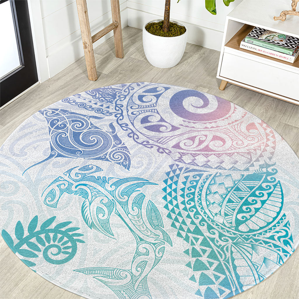 Aotearoa Maori Sea Animals Tribal Round Carpet Manta Ray and Shark Moko Pattern Sweet Pastel