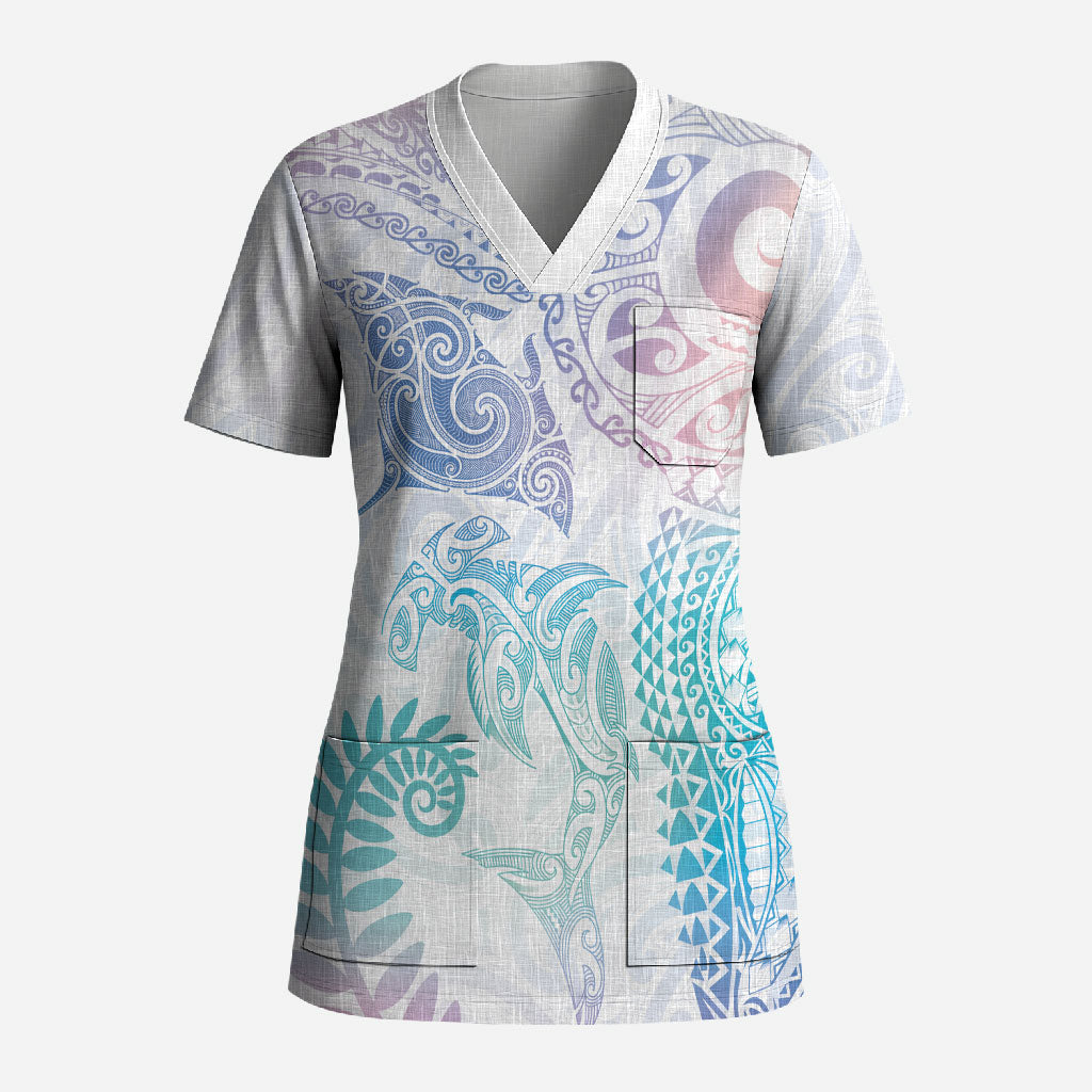 Aotearoa Maori Sea Animals Tribal Scrub Top Manta Ray and Shark Moko Pattern Sweet Pastel LT03 Adult Multicolor - Polynesian Pride
