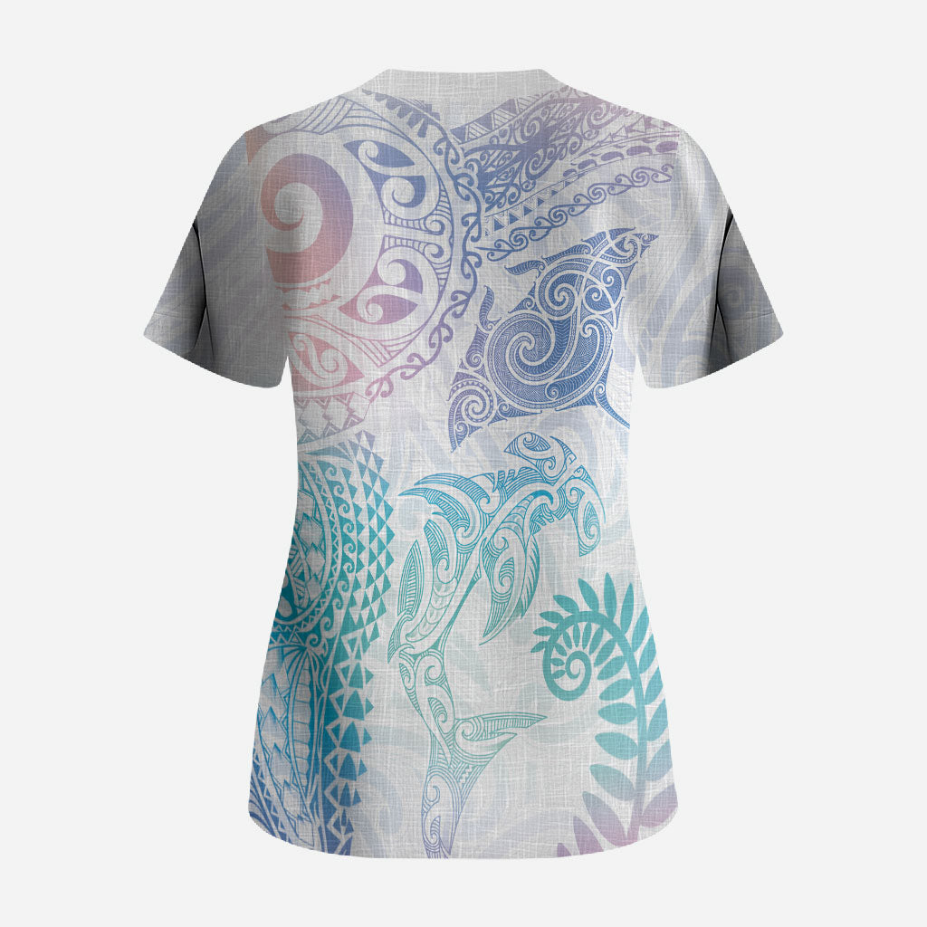 Aotearoa Maori Sea Animals Tribal Scrub Top Manta Ray and Shark Moko Pattern Sweet Pastel LT03 - Polynesian Pride