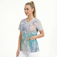 Aotearoa Maori Sea Animals Tribal Scrub Top Manta Ray and Shark Moko Pattern Sweet Pastel LT03 - Polynesian Pride