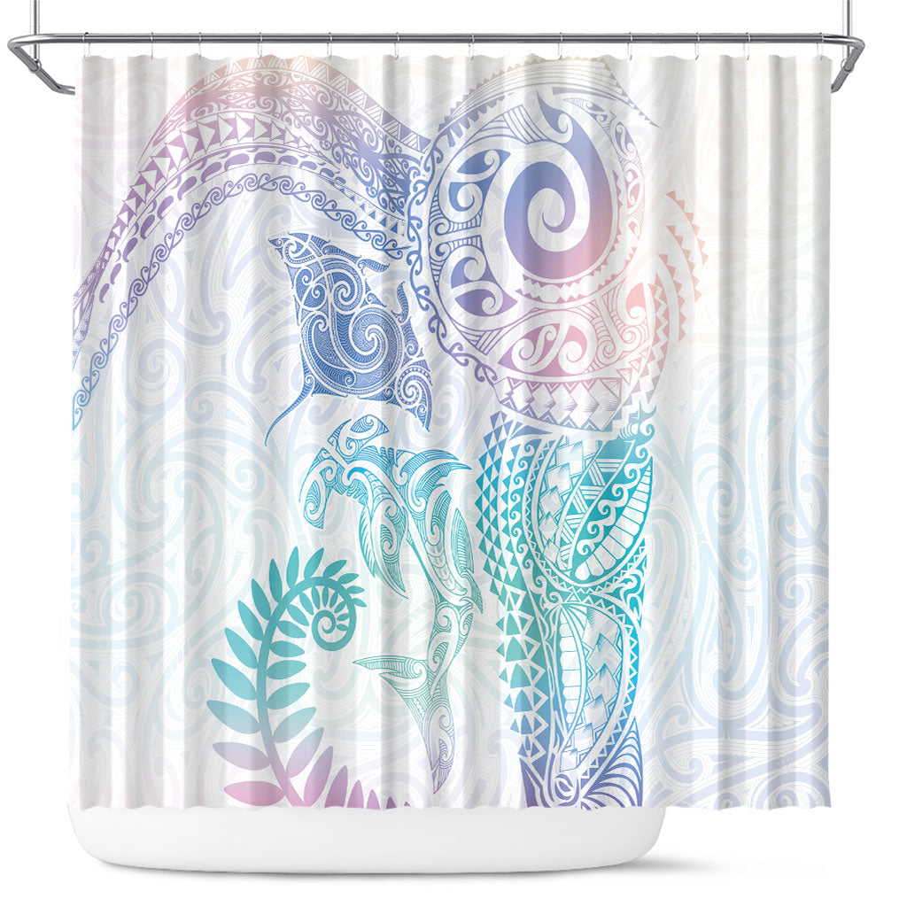 Aotearoa Maori Sea Animals Tribal Shower Curtain Manta Ray and Shark Moko Pattern Sweet Pastel