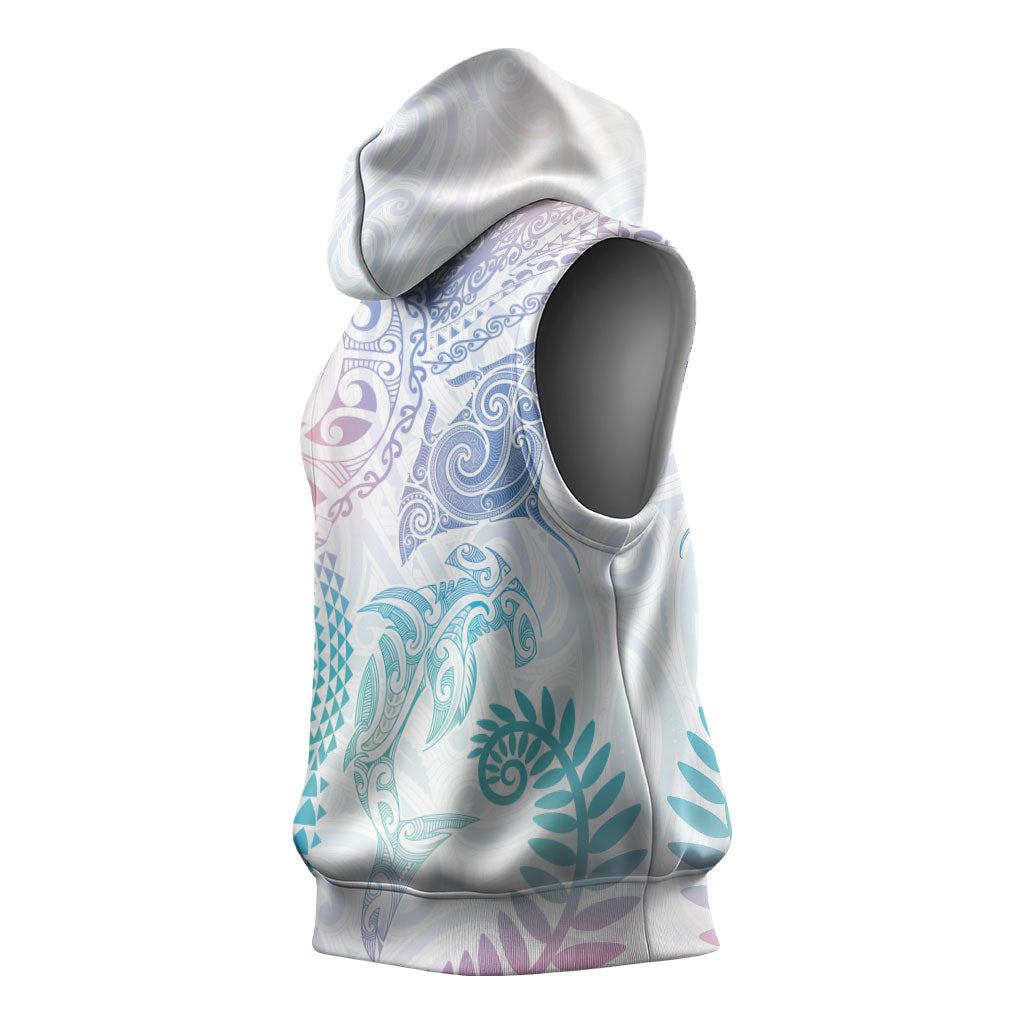 Aotearoa Maori Sea Animals Tribal Sleeveless Hoodie Manta Ray and Shark Moko Pattern Sweet Pastel