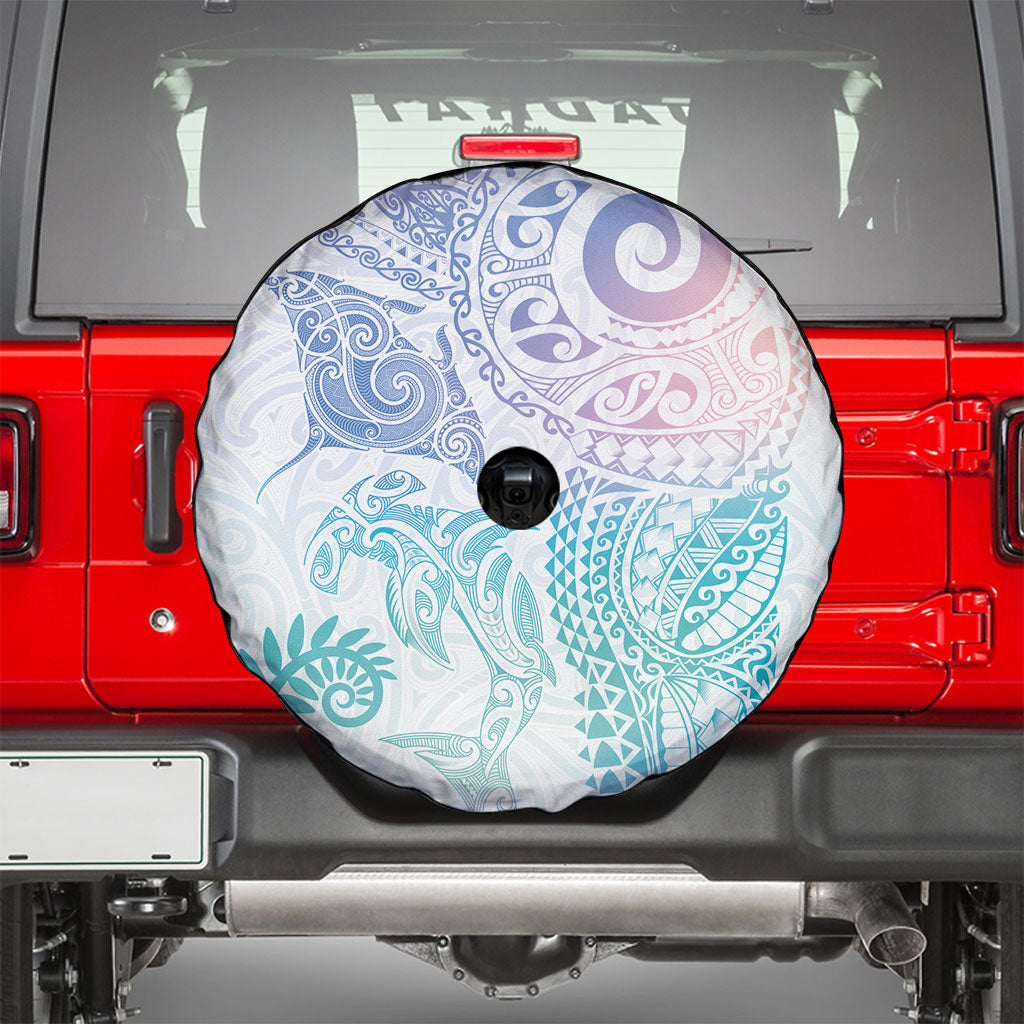 Aotearoa Maori Sea Animals Tribal Spare Tire Cover Manta Ray and Shark Moko Pattern Sweet Pastel
