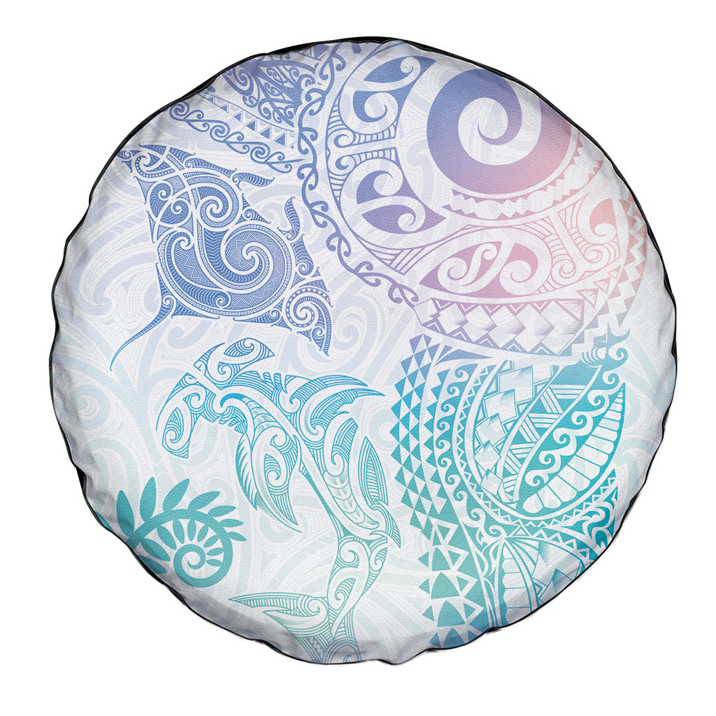 Aotearoa Maori Sea Animals Tribal Spare Tire Cover Manta Ray and Shark Moko Pattern Sweet Pastel