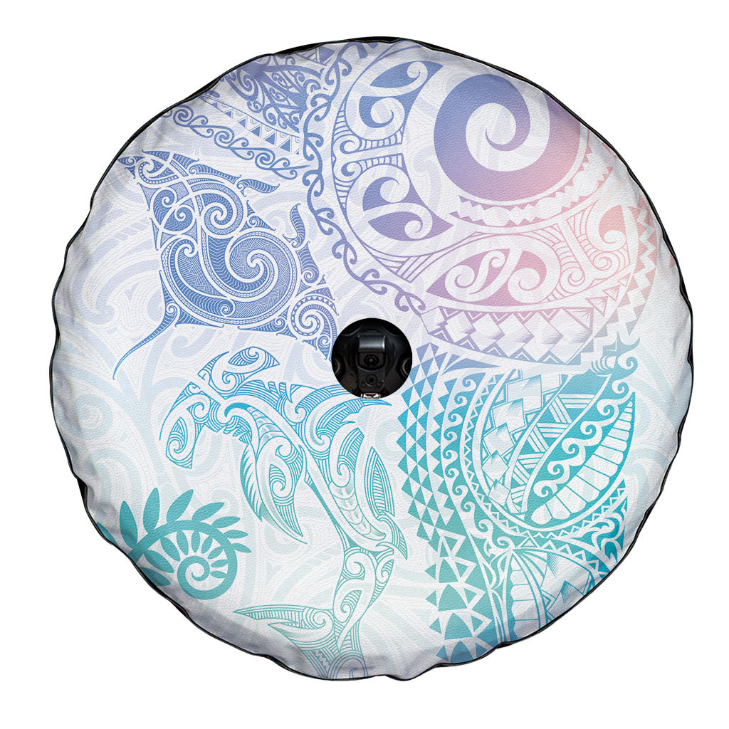 Aotearoa Maori Sea Animals Tribal Spare Tire Cover Manta Ray and Shark Moko Pattern Sweet Pastel