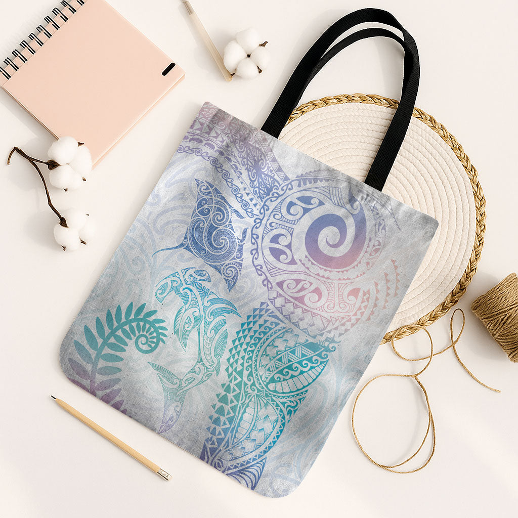 Aotearoa Maori Sea Animals Tribal Tote Bag Manta Ray and Shark Moko Pattern Sweet Pastel