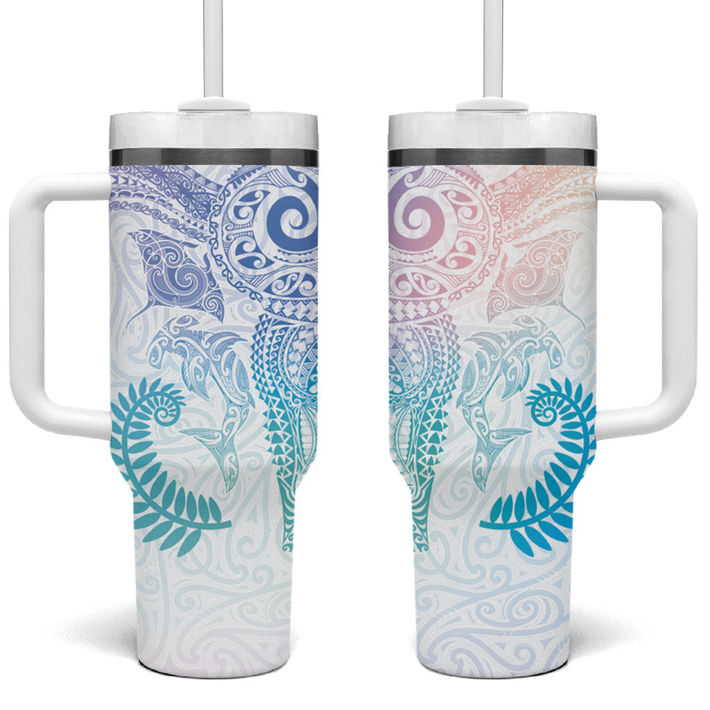 Aotearoa Maori Sea Animals Tribal Tumbler With Handle Manta Ray and Shark Moko Pattern Sweet Pastel