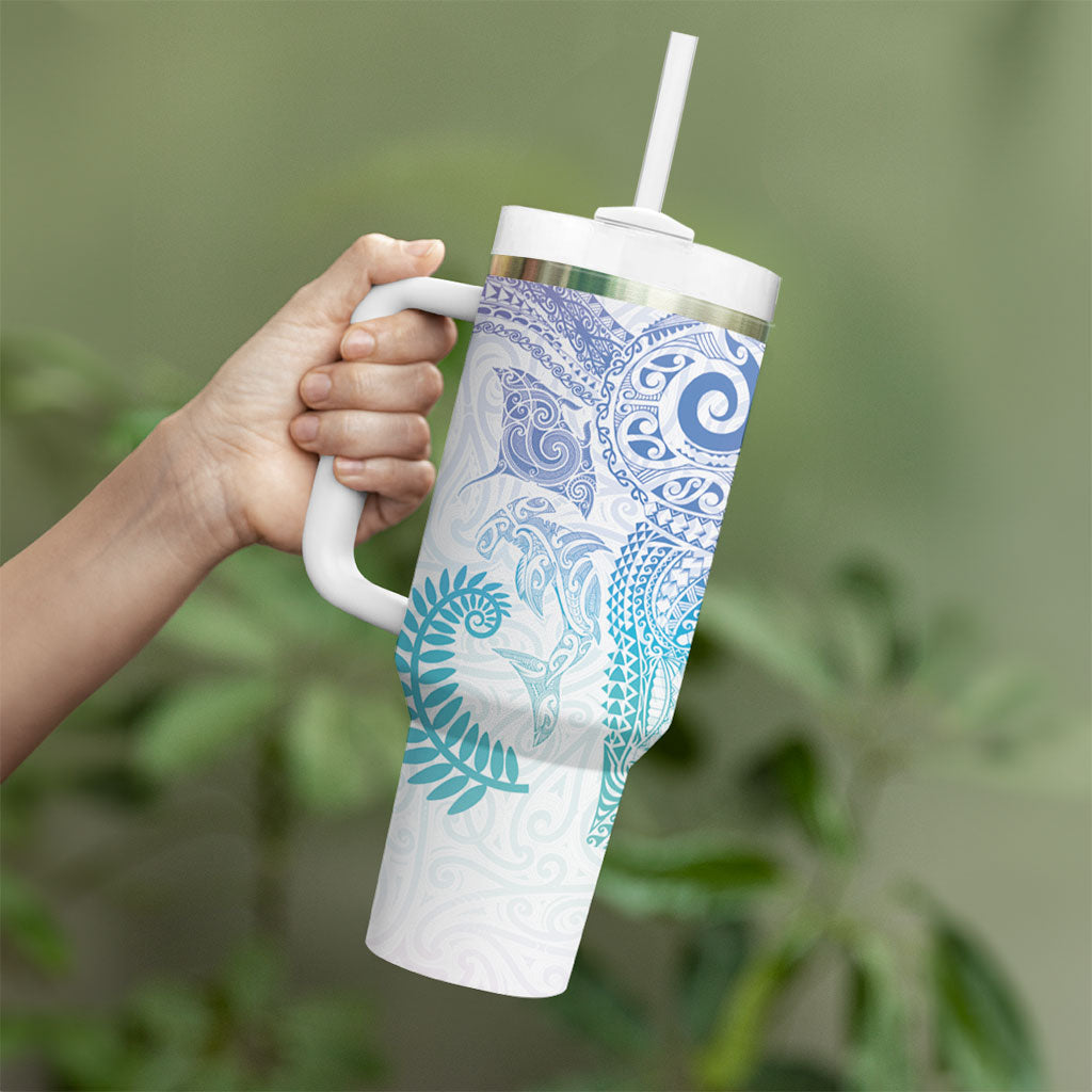 Aotearoa Maori Sea Animals Tribal Tumbler With Handle Manta Ray and Shark Moko Pattern Sweet Pastel