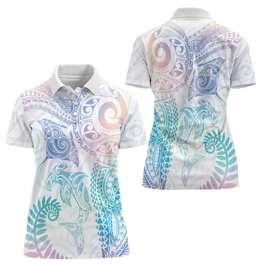 Aotearoa Maori Sea Animals Tribal Women Polo Shirt Manta Ray and Shark Moko Pattern Sweet Pastel
