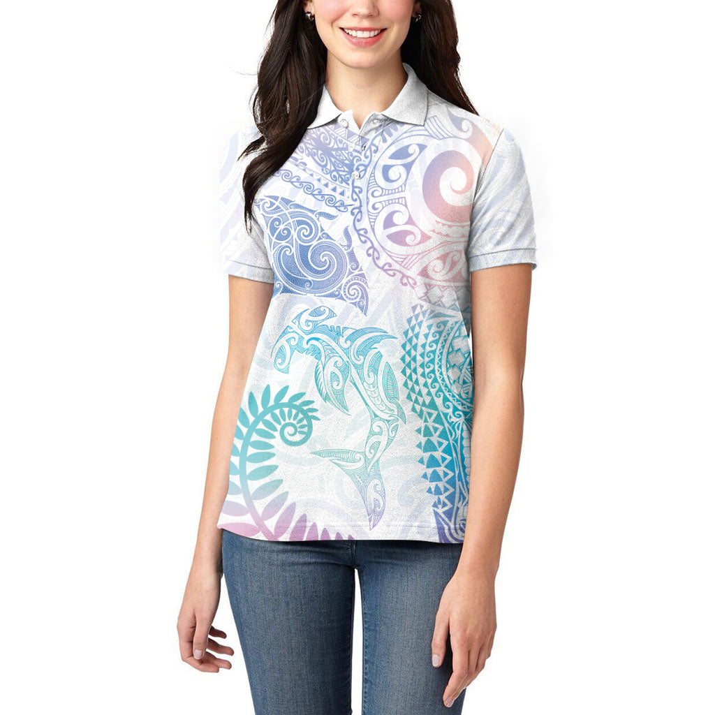 Aotearoa Maori Sea Animals Tribal Women Polo Shirt Manta Ray and Shark Moko Pattern Sweet Pastel